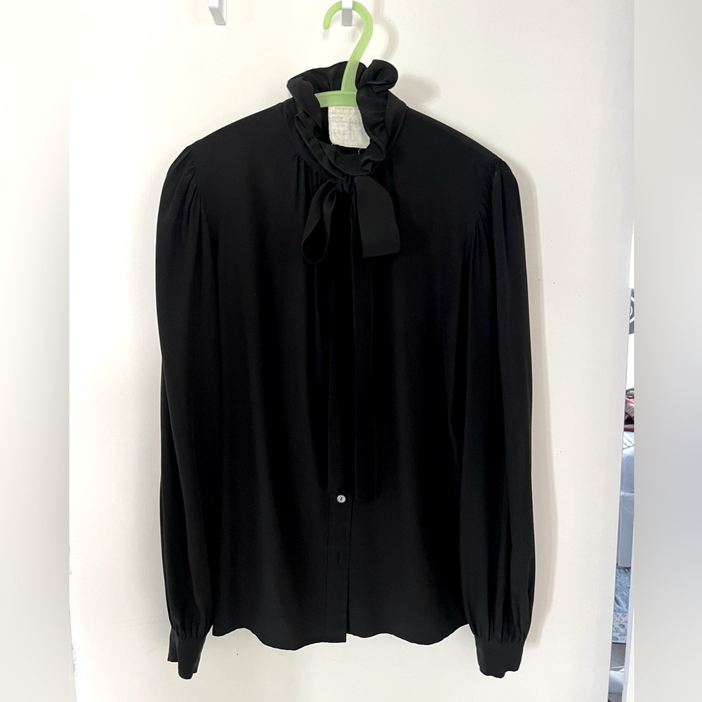 Saint Laurent Rive Gauche Vintage 1970’s Black Silk Ruffled Blouse
